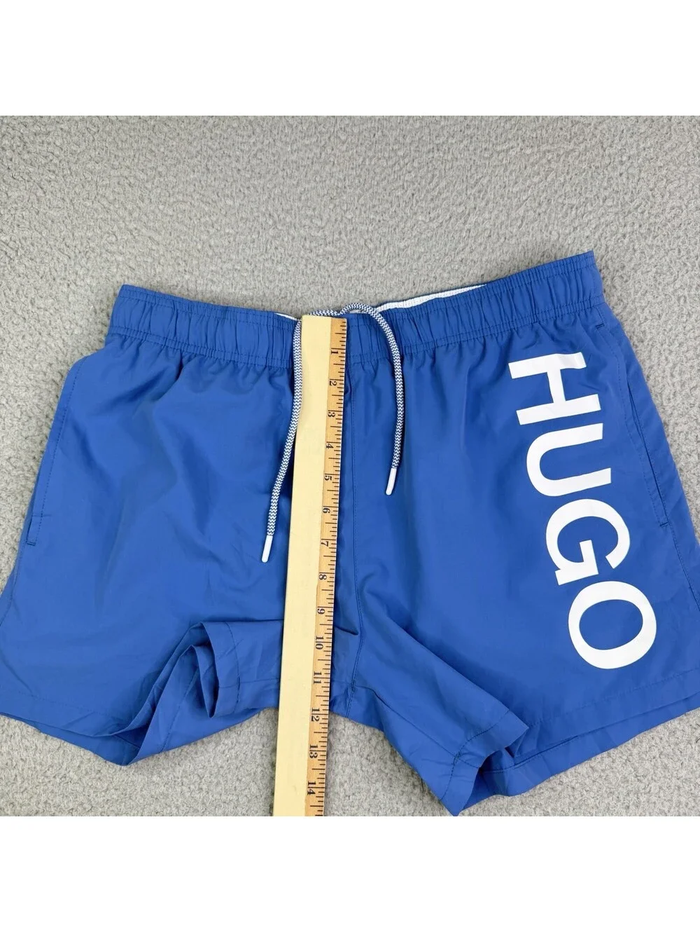 HUGO Men's Swim Trunks Blue White Logo Elastic Waist Mesh Lined Size L